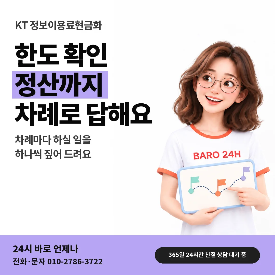 BARO 24H 티셔츠를 입은 3D 인물 옆에 「KT 정보이용료현금화」 제목을 얹은 안내 카드