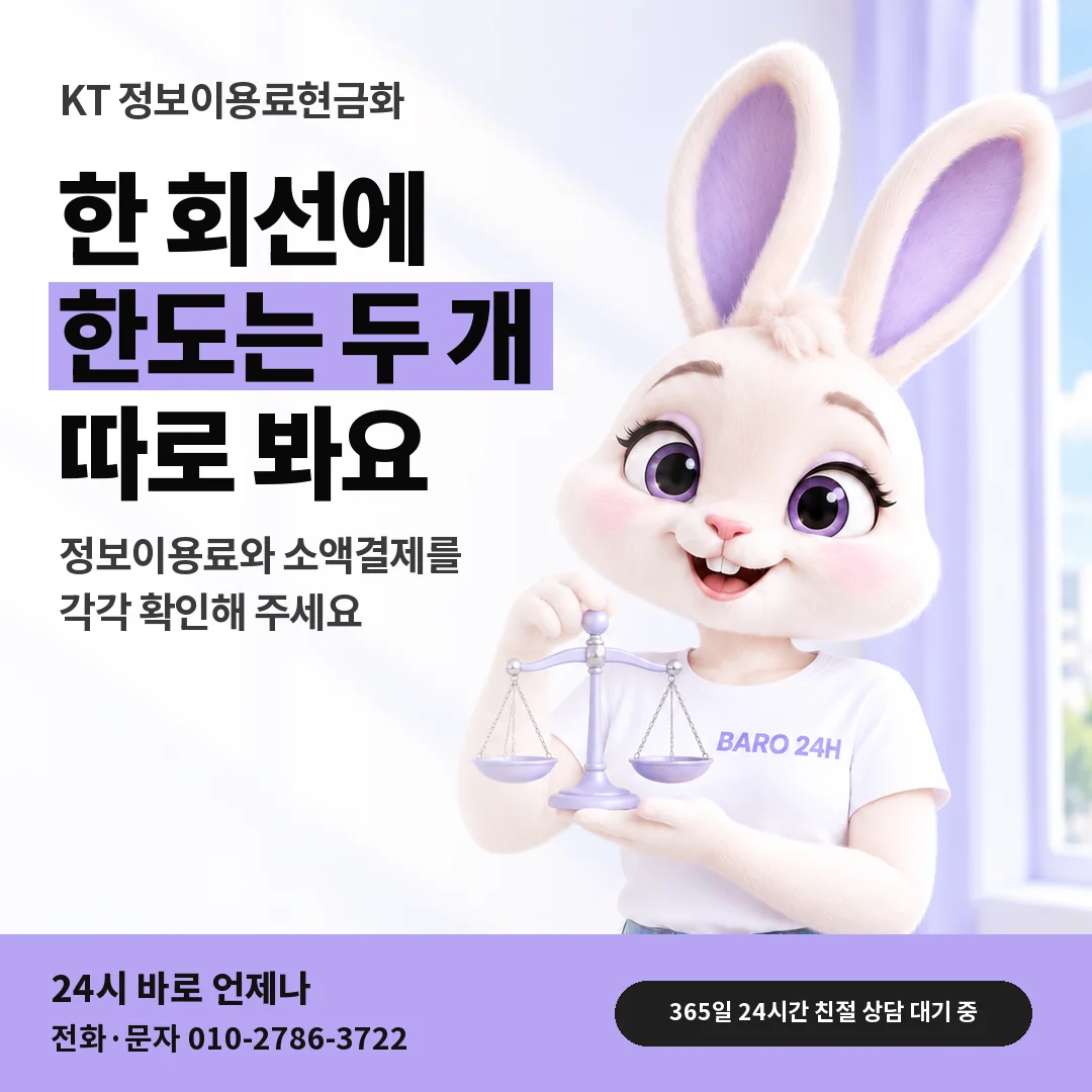저울을 든 BARO 24H 티셔츠를 입은 3D 토끼 캐릭터 옆에 「KT 한도 두 개 묻기」 제목을 얹은 안내 카드